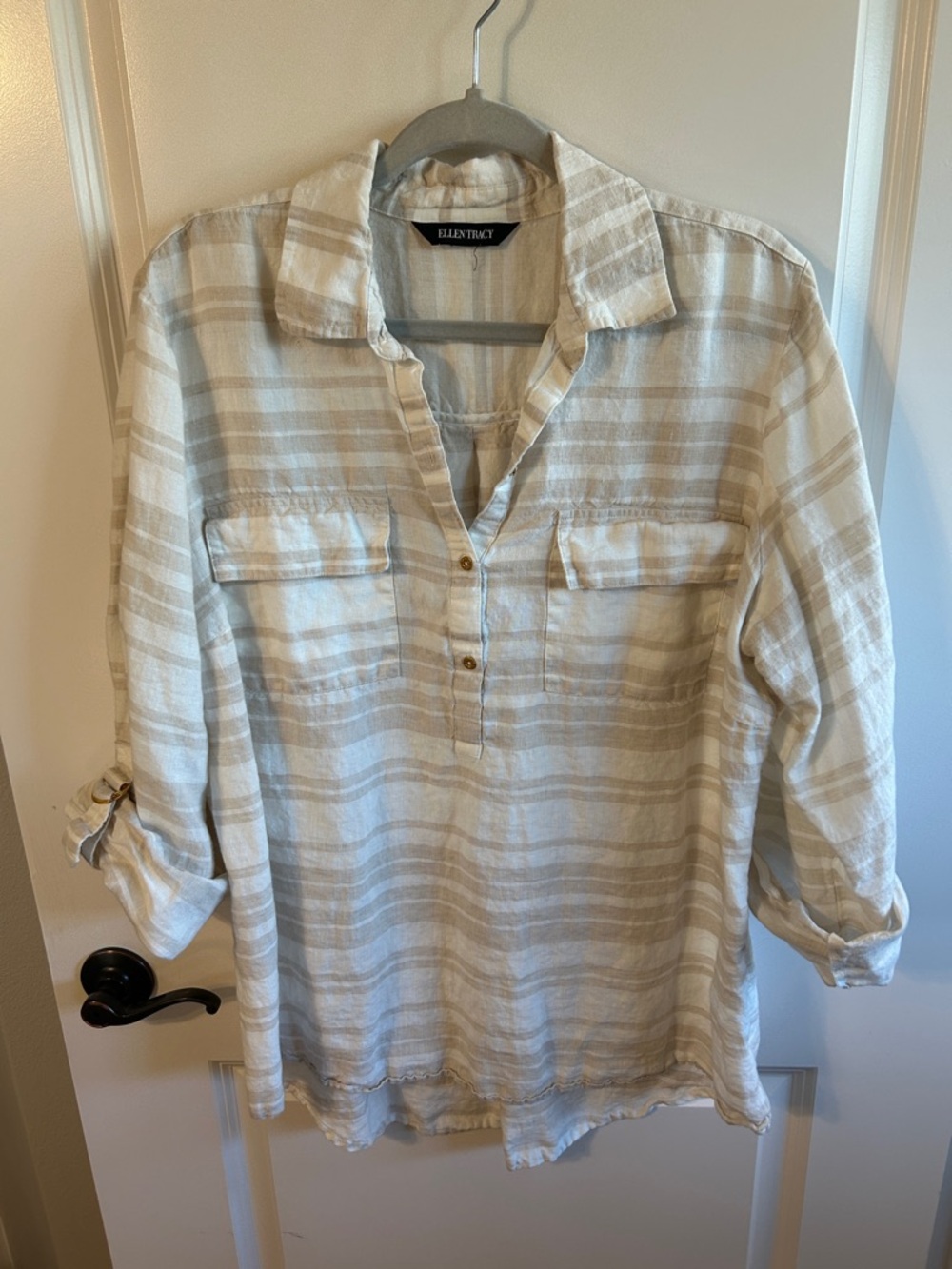 Ellen Tracy Cream & Beige Striped Button-Down Casual Shirt #049